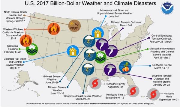 map of weather disasters in the US in 2017